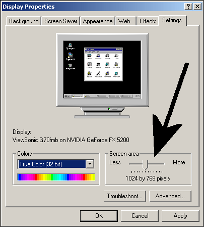 Screen area - Shows your current resolution and also allows you to alter it !